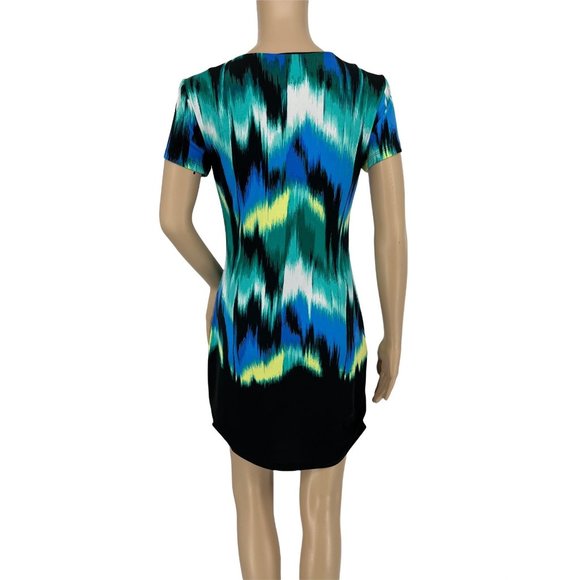Jennifer Lopez sheath dress s short sleeve stretchy blue green geo - Picture 3 of 10